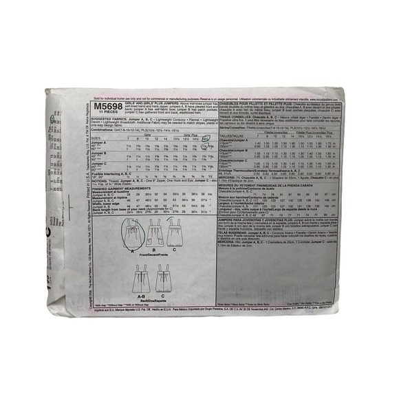 Mccalls M5698 Girls Jumpers Sewing Pattern Sizes 7-14 2006 - Picture 2 of 6